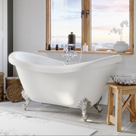 Cambridge Plumbing Acrylic Double Slipper Soaking Tub with deck mount faucet holes andPolished Chrome Feet ADES-DH-CP